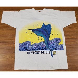 Vintage 1992 Newport Blue Mens Large Swordfish T-Shirt USA Blue White Made USA